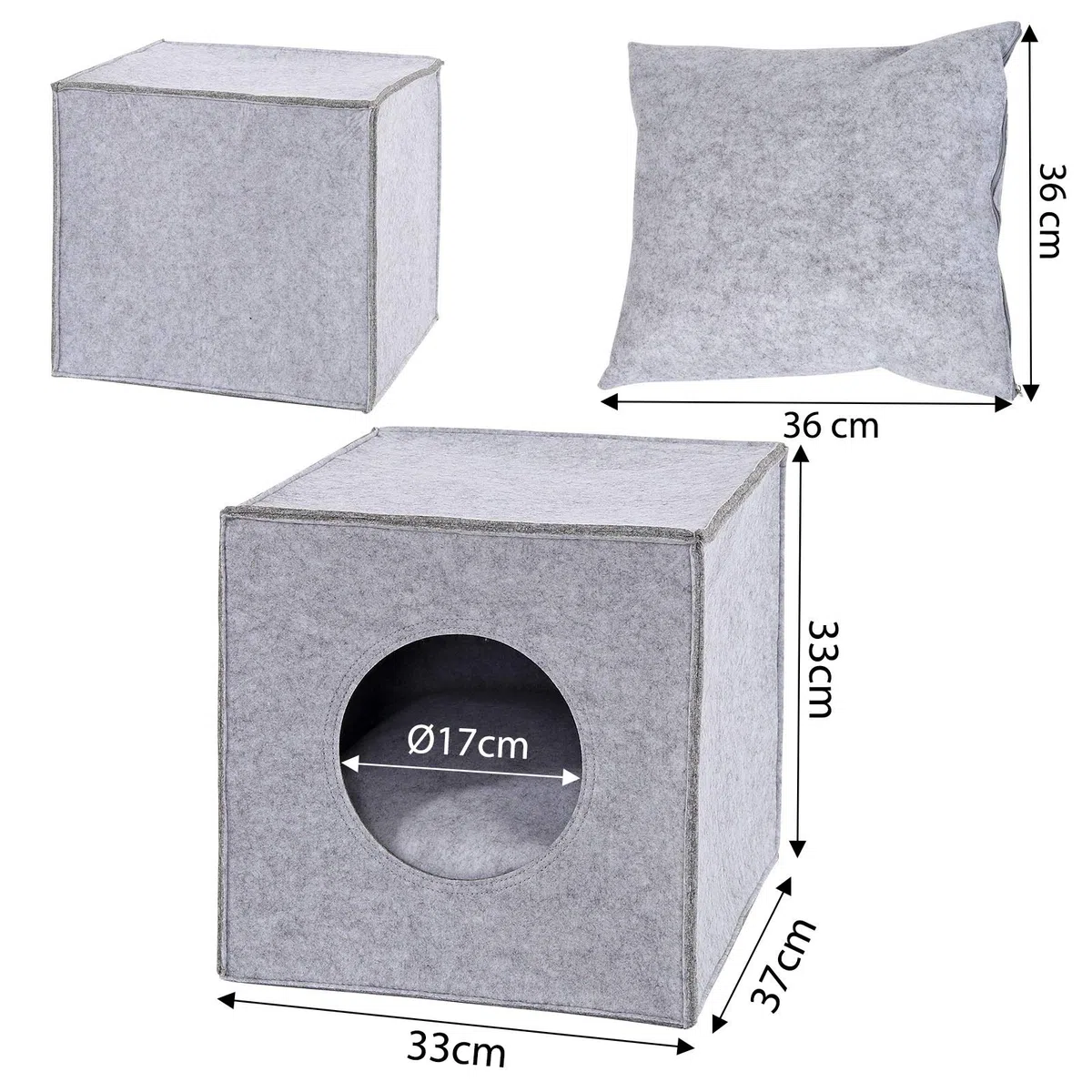 lionto Tana per gatti in feltro stabile adatta a scaffali e sistemi modulari, 33x37x33 cm, cuccia pieghevole a cubo autoportante, facile da pulire con cuscino accogliente, grigio chiaro