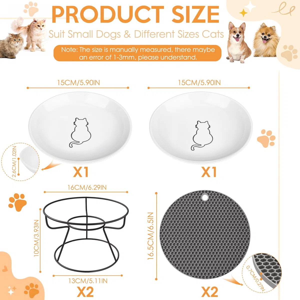 FoiiLiio Ciotole per Gatti Rialzate 2 Pezzi Ciotola per Gatti Ceramica Rialzata 10CM con Supporto e Pad Antiscivolo Porta, per Cibo e Acqua