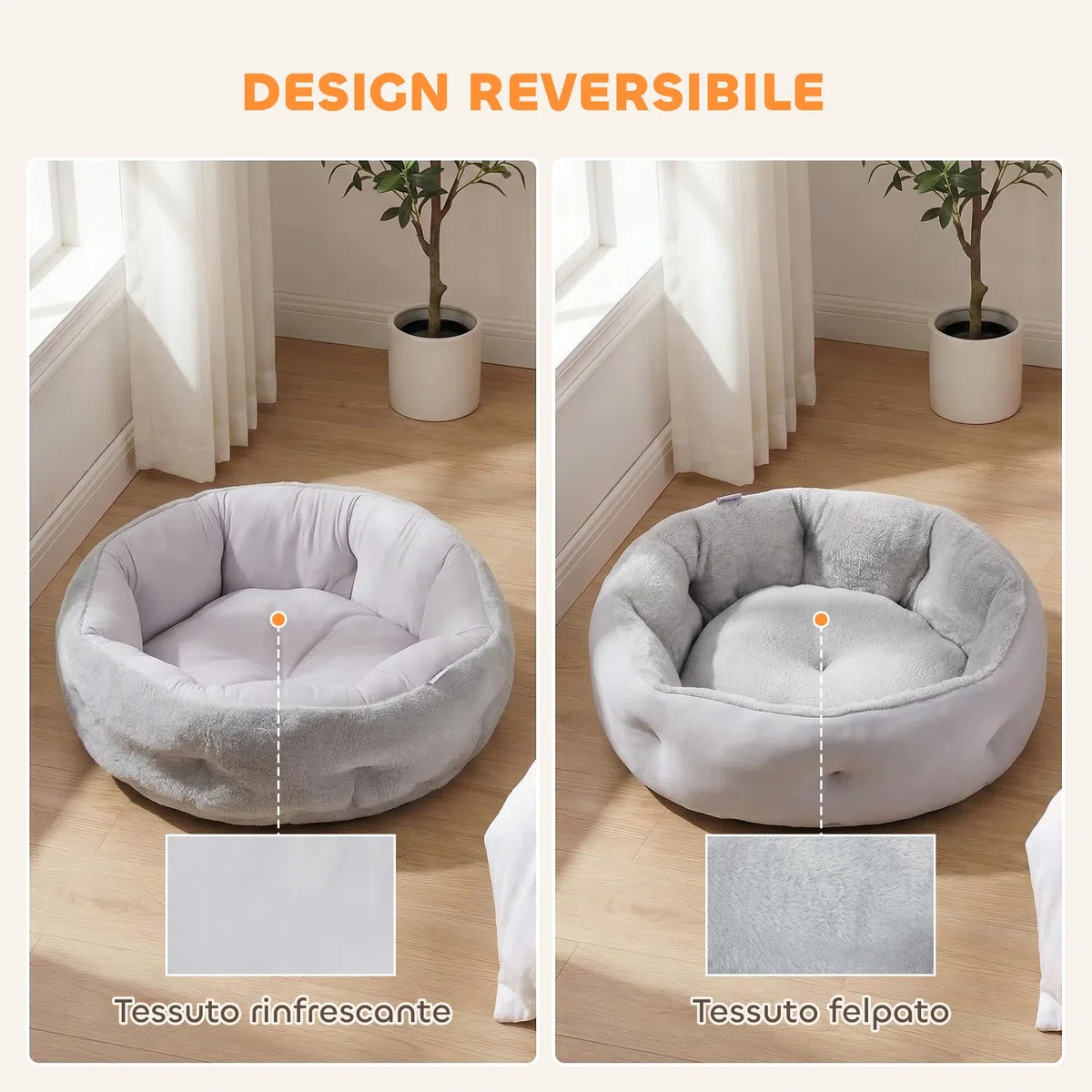 PawHut Letto per Gatti in Peluche, Cuccia per Gatti Rotondo con Bordo di Supporto, Uso su Entrambi i Lati, 62x62x21 cm, Grigio Chiaro