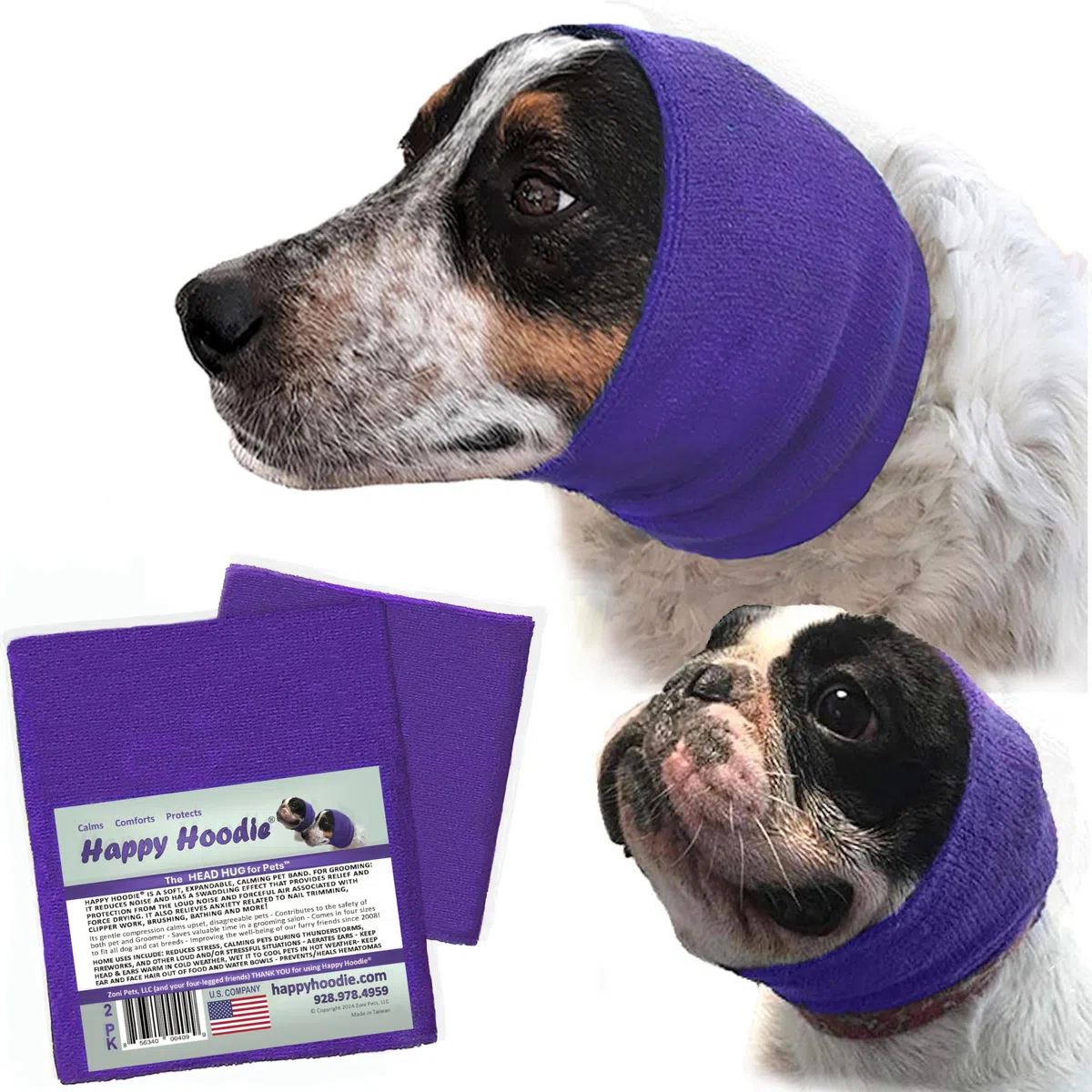 Happy Felpa con cappuccio per cani e gatti, marca americana per alleviare l'ansia, antirumore, cura del pelo, fuochi d'artificio, confezione da 2, viola (1 piccolo, 1 grande) – dal 2008