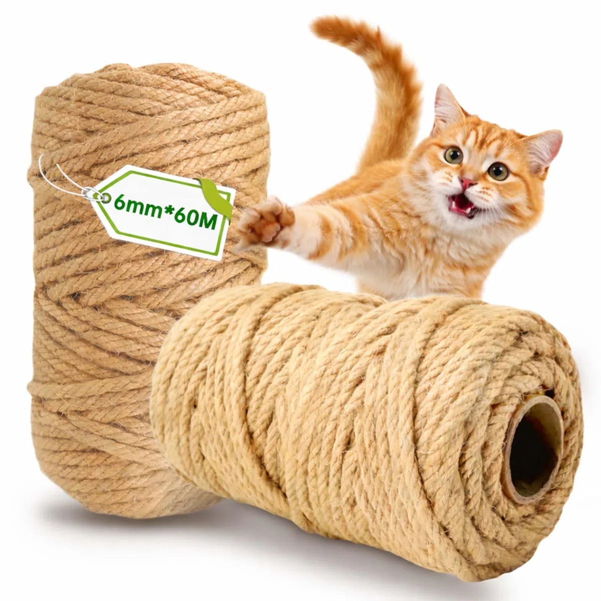 Corda Tiragraffi per Gatti 6mm x 60m, 2 Pezzi Corda per Tiragraffi, Corda Canapa, Sisal per Tiragraffi, Spago per Tiragraffi per Gatti, Ricambi Tiragraffi, Alberi Gatto, Fai da Te, Giardinaggio e Casa