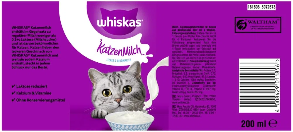Whiskas, latte per gatti con contenuto ridotto di lattosio e grasso, 6 confezioni da 200 ml