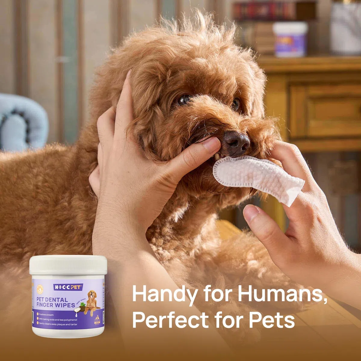 HICC PET Salviette dentali per cani e gatti, salviette per rimuovere placca e tartaro senza spazzolino, rinfresca l'alito, lenisce le gengive con olio di cocco, senza alcool e sicure da leccare