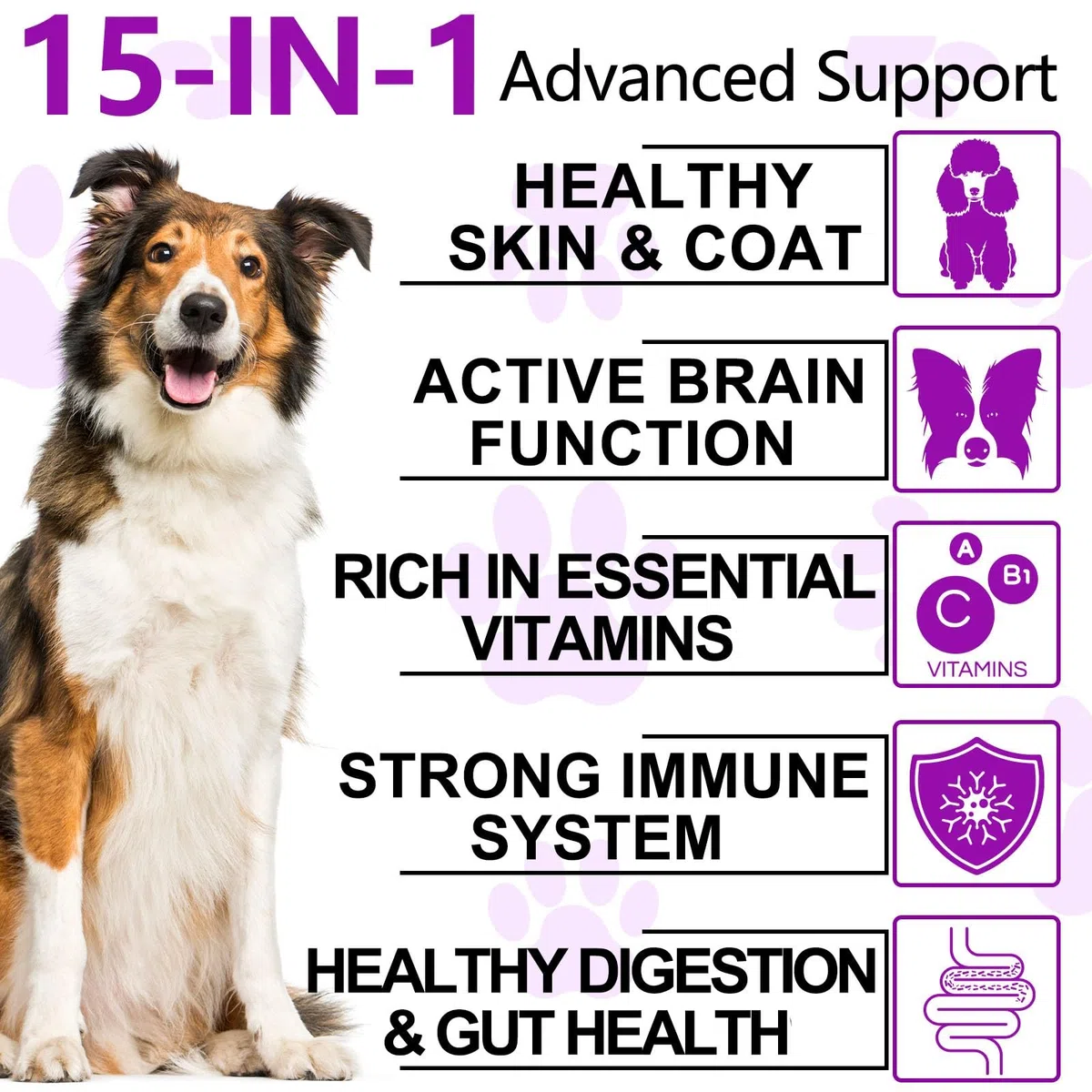 Multivitaminico 15 in 1 per cani - 150 snack masticabili con supporto per le articolazioni, salute digestiva, cuore, pelle e pelo - Vitamine per cani A, E, D3, B12 e minerali essenziali