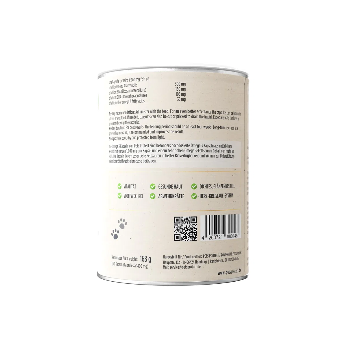 Omega-3 capsule per cani e gatti | ad alto dosaggio con 1.000 mg di olio di pesce puro per capsula | Alto contenuto di acidi grassi EPA e DHA | Senza PCB | Senza additivi, 120 capsule | Produzione