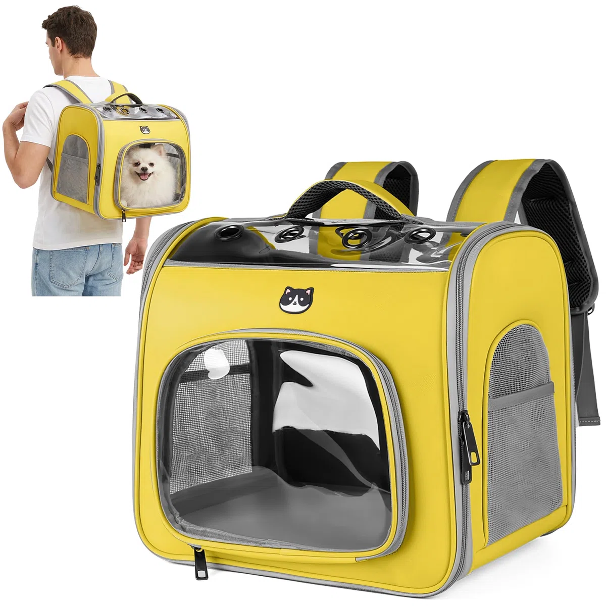 ALLSOPETS Zaino per Cani e Gatti Pieghevole con Finestra Traspirante e Gancio di Sicurezza, Zaino Porta Cane con Apertura Frontale per Viaggio Escursioni Passeggiate (Giallo Limone)