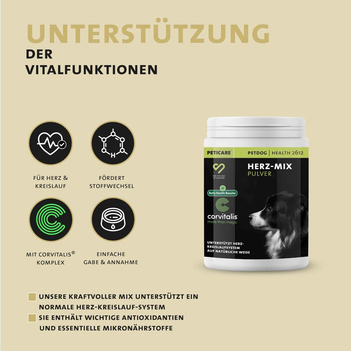 Peticare Polvere Cuore e Circolazione Cani – Supporto Naturale per la Vitalità – Con Biancospino e L-Carnitina – Integratore Funzione Cardiaca