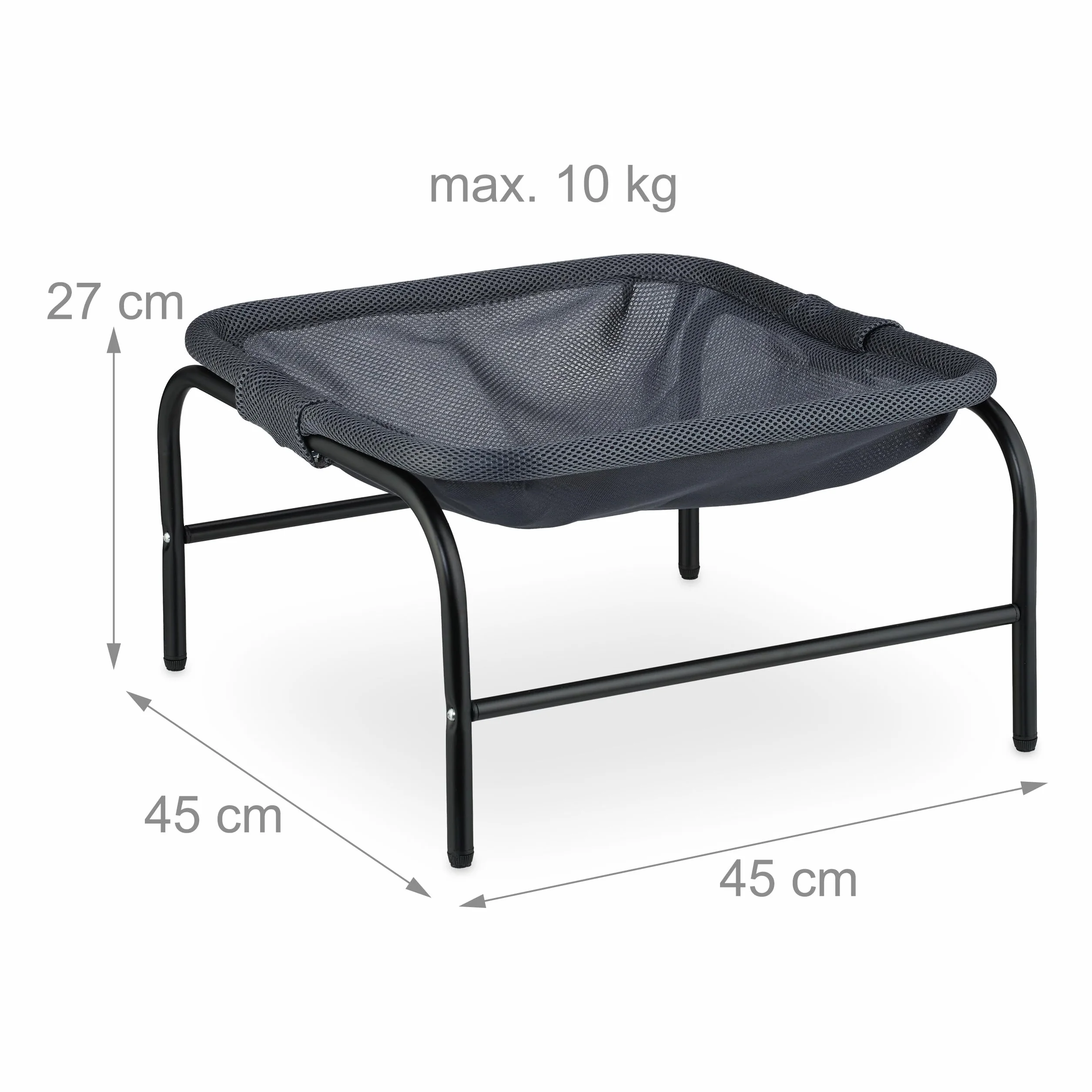 Relaxdays Letto Amaca per Gatti e Cani Piccoli, Cuccia Rialzata Animali Domestici, Lettino HLP: 27x45x45 cm, Grigio Nero