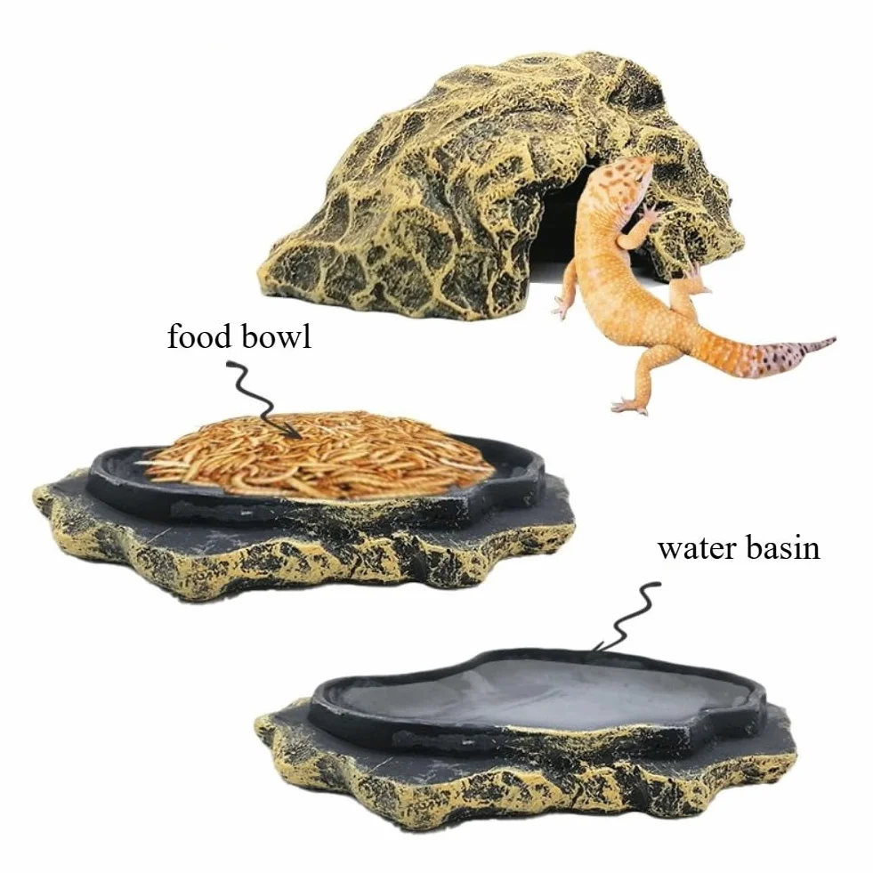 OMEM Rettile Hide Grotta Roccia Resina Paesaggio con Bacino Del Cibo Ciotola Acqua per Geco, Lucertola, Serpente, Corna, Rana, Ragno, Pet Escape House Durevole Rifugio (Marrone)