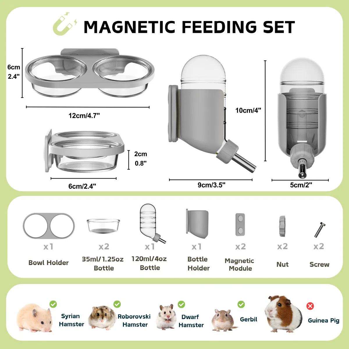 Set Magnetico per Alimentazione Roditori con Bottiglia d'Acqua & Ciotola per Terrari in Vetro Criceto Dorato Degù (Grigio, Montaggio magnetico)
