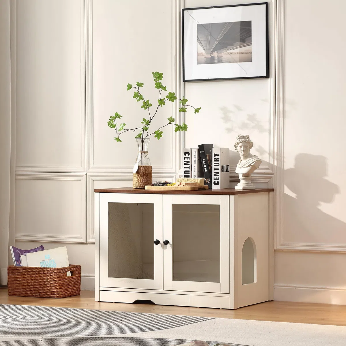 FOREST GRAVITY Cat Cabinet Litter Box Small Armadietto per gatti Lettiera Piccoli mobili per Lettiera Moderna 82 * 58.5 * 53 cm Casa per gatti con porta e divisorio separato Bianco Antico
