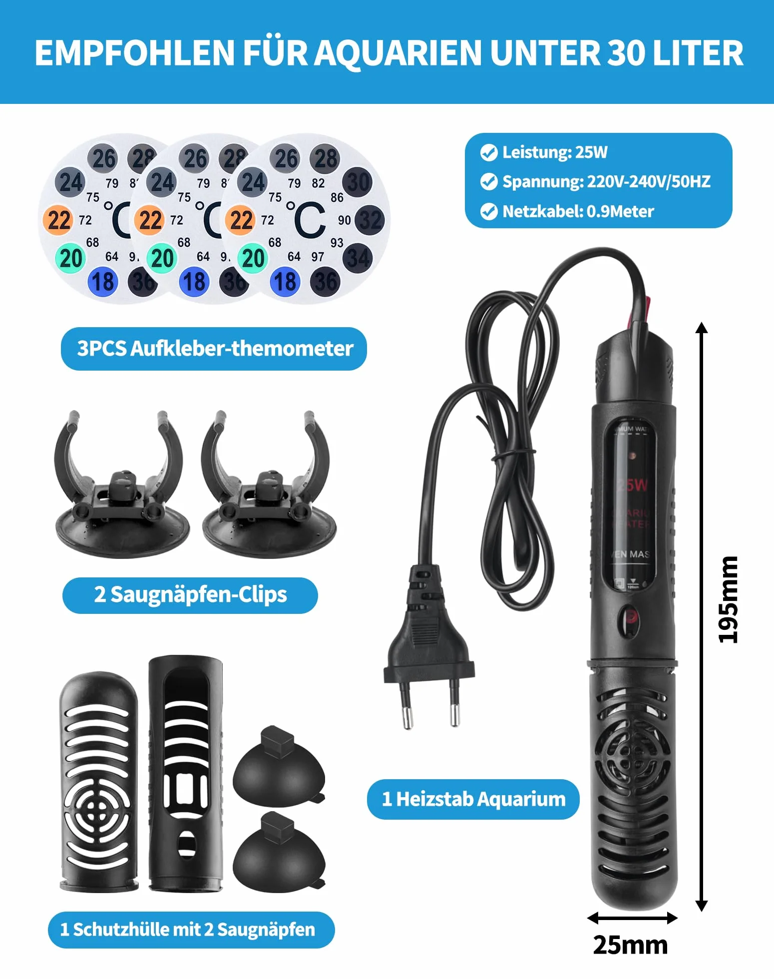 LAOYE Riscaldatore Acquario 30 l 25 W Temperatura Regolabile Riscaldatore per Acquario per Pesci e Tartarughe con 2 Ventose Termoriscaldatore Acquario con Coperchio Protettivo e Spia Luminosa