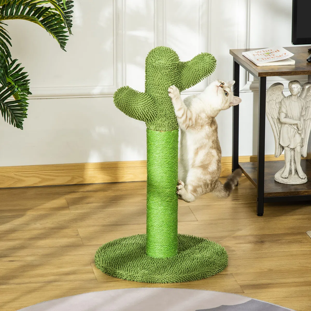 PawHut Albero Tiragraffi per Gatti Adulti e Gattini a Forma di Cactus, Corda Sisal e Base in Legno, 40x40x65 cm, Verde