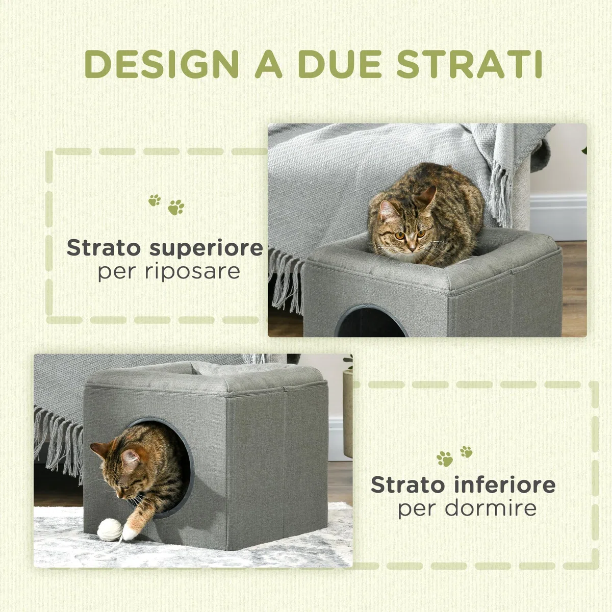 PawHut Casetta per Gatti a 2 Livelli con Cuscino in Peluche e Apertura Frontale, Cuccia per Gatti in MDF, Poliestere e Plastica, 36.5x36.5x33 cm, Verde