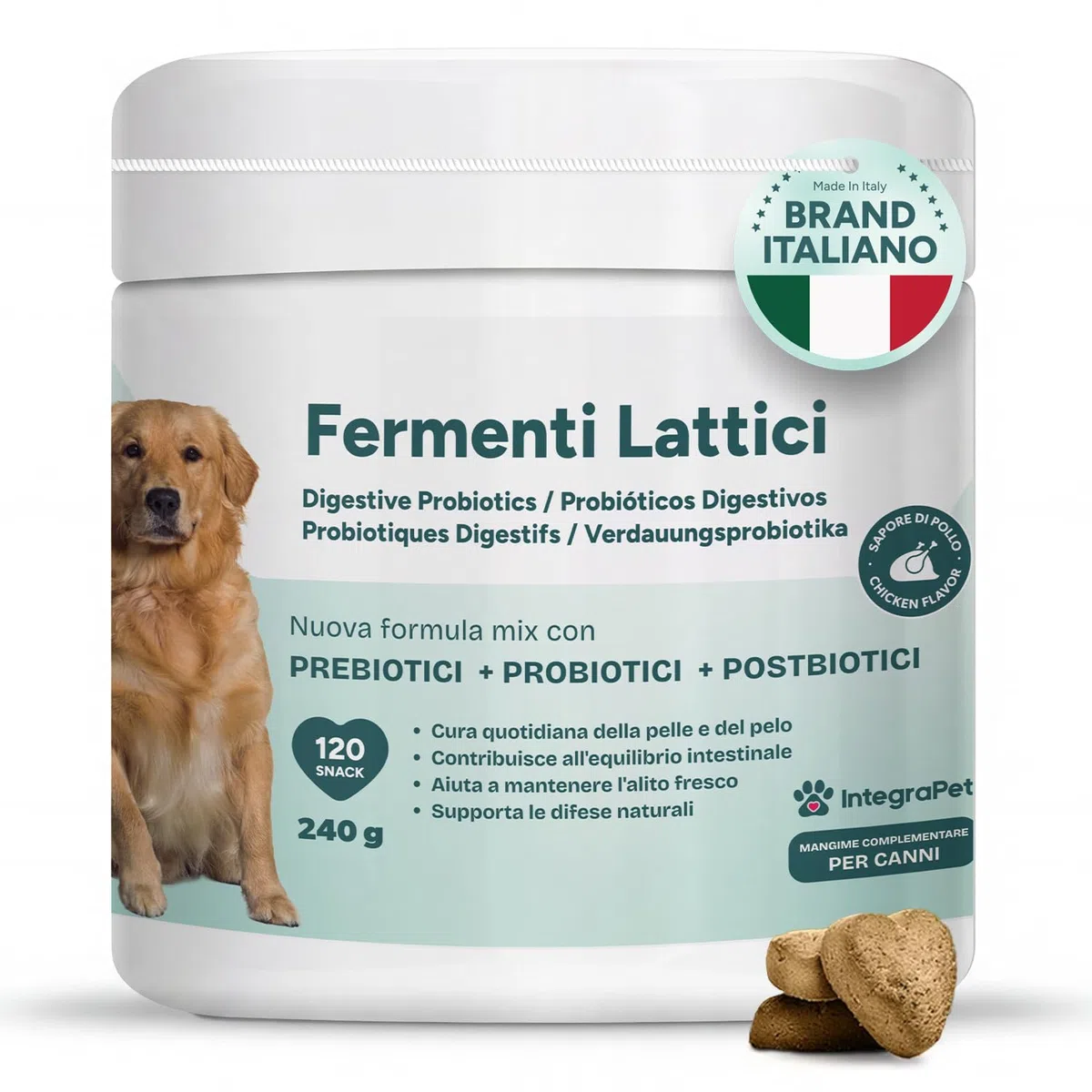 Probiotici Cane Prurito e Alito Cane – Probiotici e Prebiotici Digestivi Snack Naturali, 120 Masticabili Gusto Pollo, Prodotti per Cani per Benessere Intestinale e Pelle
