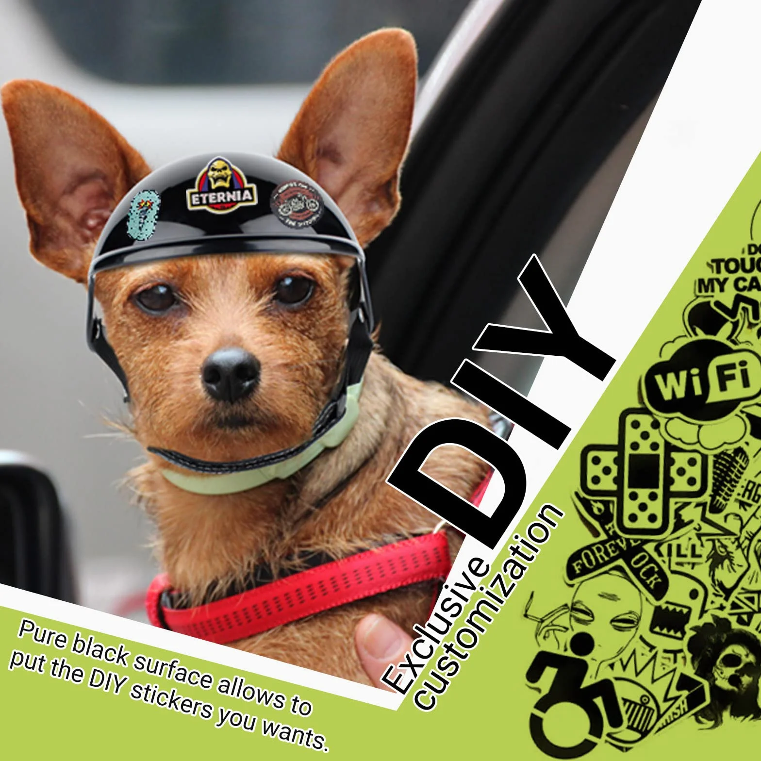 Piccolo casco per cani con fori per le orecchie, regolabile e robusto, per attività all'aperto, moto, bicicletta, nero, S