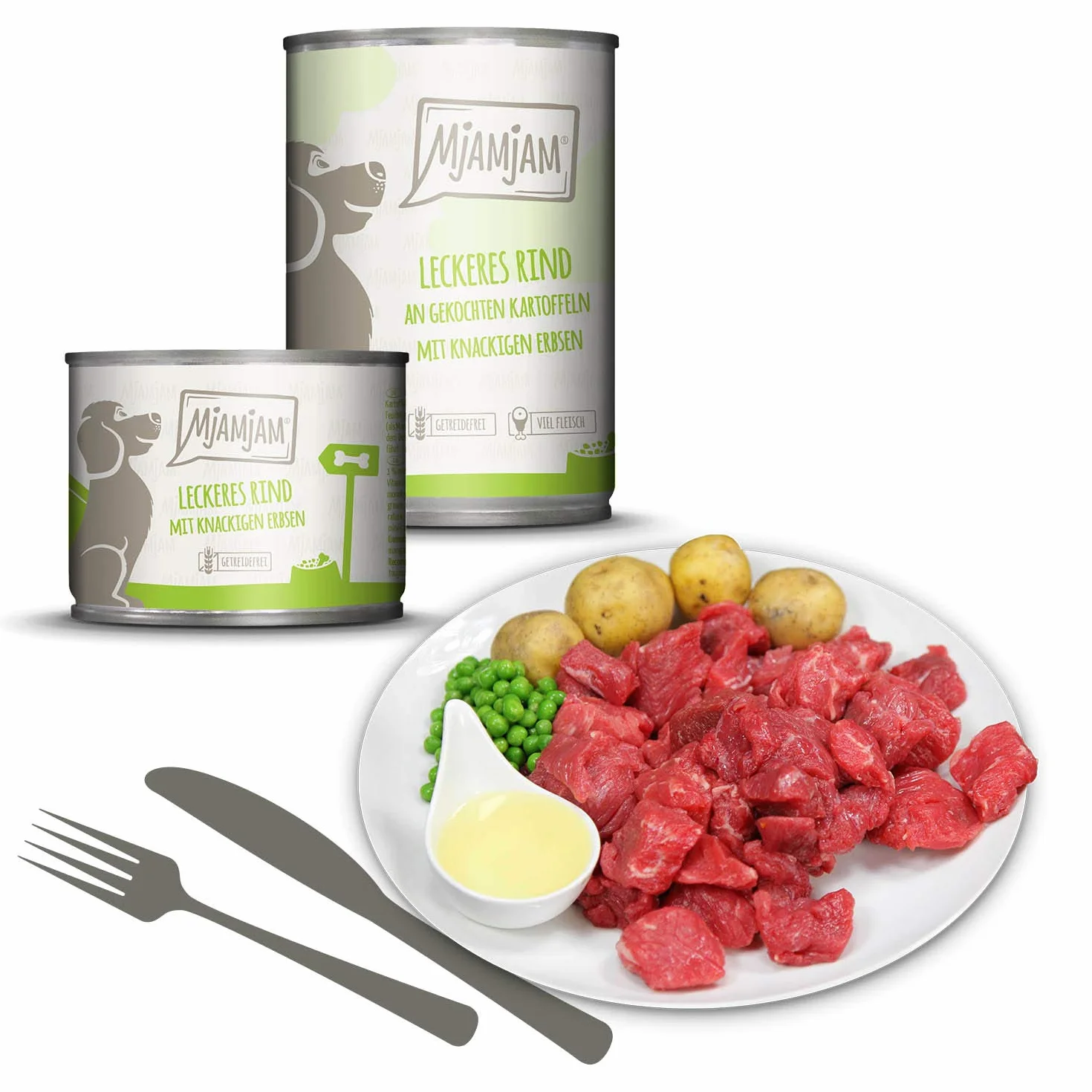 MjAMjAM - cibo umido premium per cani - delizioso manzo su patate bollite con piselli croccanti, confezione da 6 (6 x 400 g), naturale con carne extra