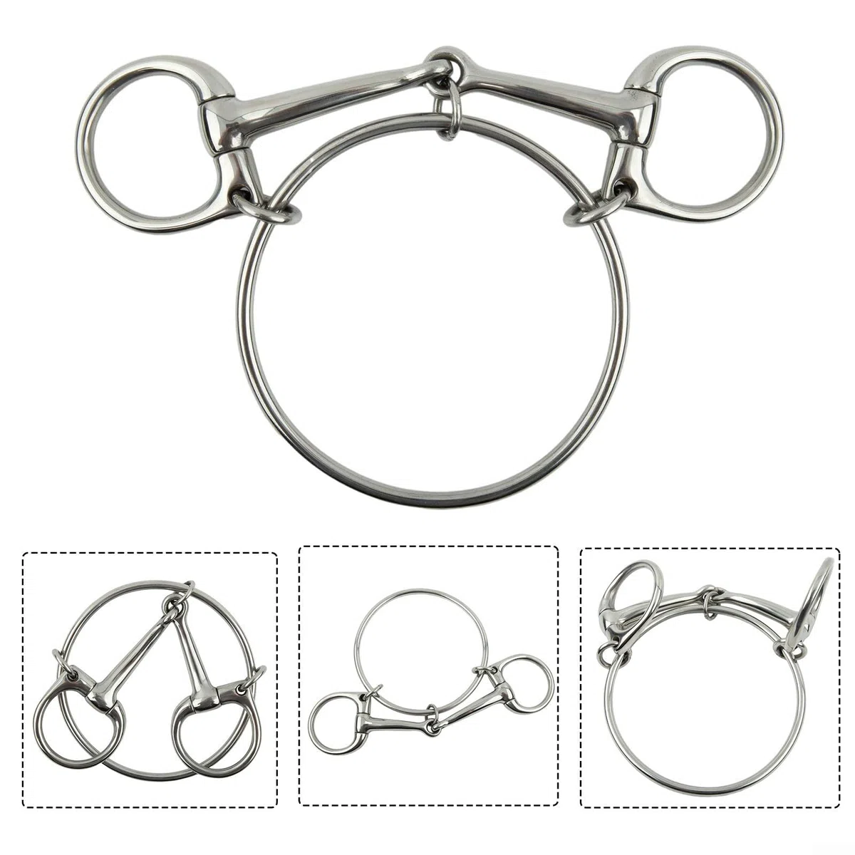 Morso per cavallo a mezza guancia realizzato in acciaio inossidabile con finitura liscia e punti di fissaggio funzionali ad anello