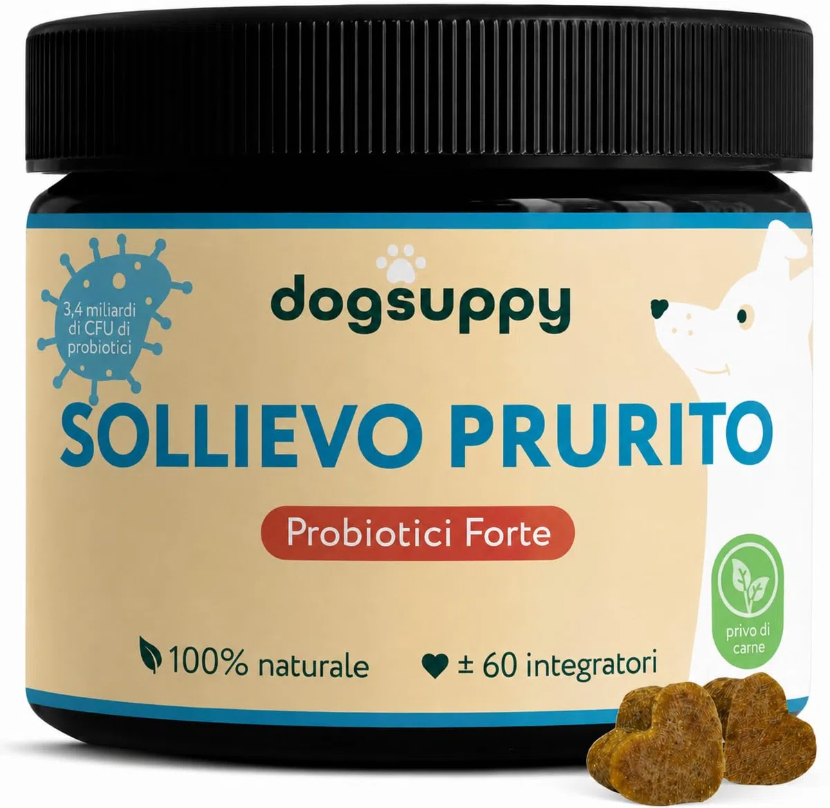 Sollievo Prurito Probiotici Forte per Cani, 100% Naturale, Senza carne, 60 integratori