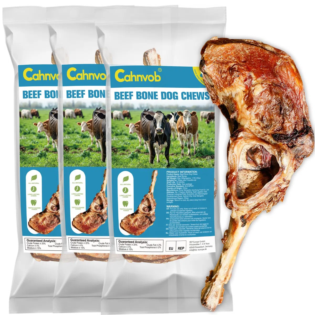 Osso di manzo naturale per cane, snack da masticare durevole, ingrediente unico, snack da masticare digeribile per la salute dentale (confezione da 3)