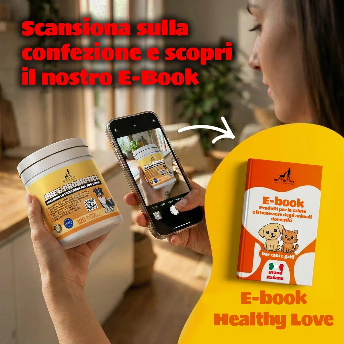 HEALTHY LOVE Probiotici per Cani, 120 Morbidi Snack Salutari, Appetibilità Unica, Fermenti Lattici Cane Per Migliore Digestione, Ebook, Probiotici Cane Contro Prurito e Diarrea, Probiotico Cani 240g