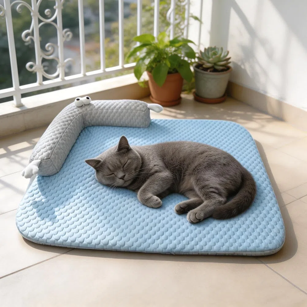 Tappetino refrigerante per cani e gatti, 60 x 45 cm, con cuscino a forma di U, cuccia rinfrescante, lavabile, tappetino rinfrescante senza acqua/elettricità (blu, 55 x 40 cm)