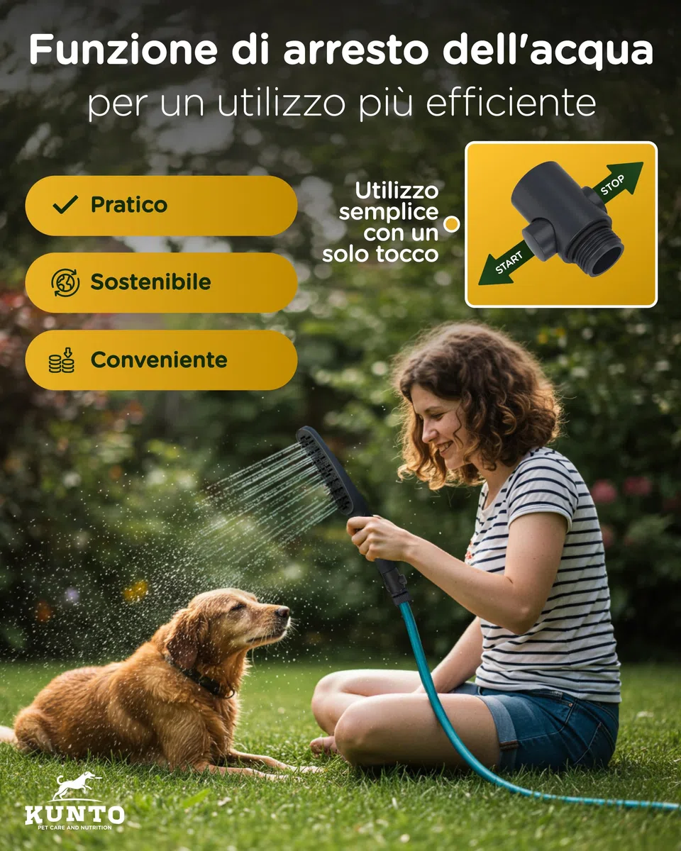 doccia KUNTO®: doccia per cani a 4 getti - setole in silicone per pulizia piacevole ed efficace del pelo. Adattatore per tubo da giardino