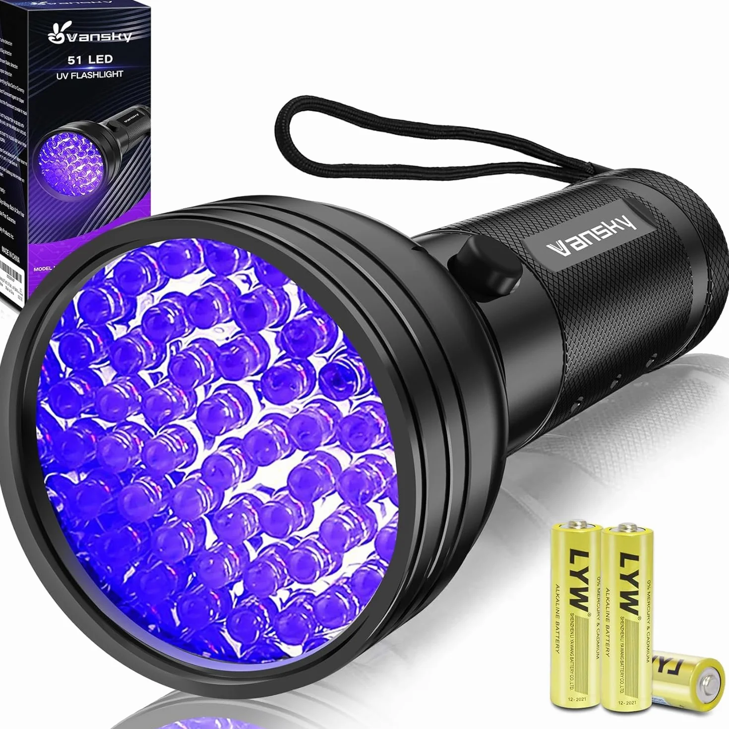 Vansky® Torcia UV LED Lampada 51 Leds Blacklight Animali Urina Cane/Gatto Smacchiatore Rivelatore Lampada Ultravioletti, 3 Batterie AAA incluse