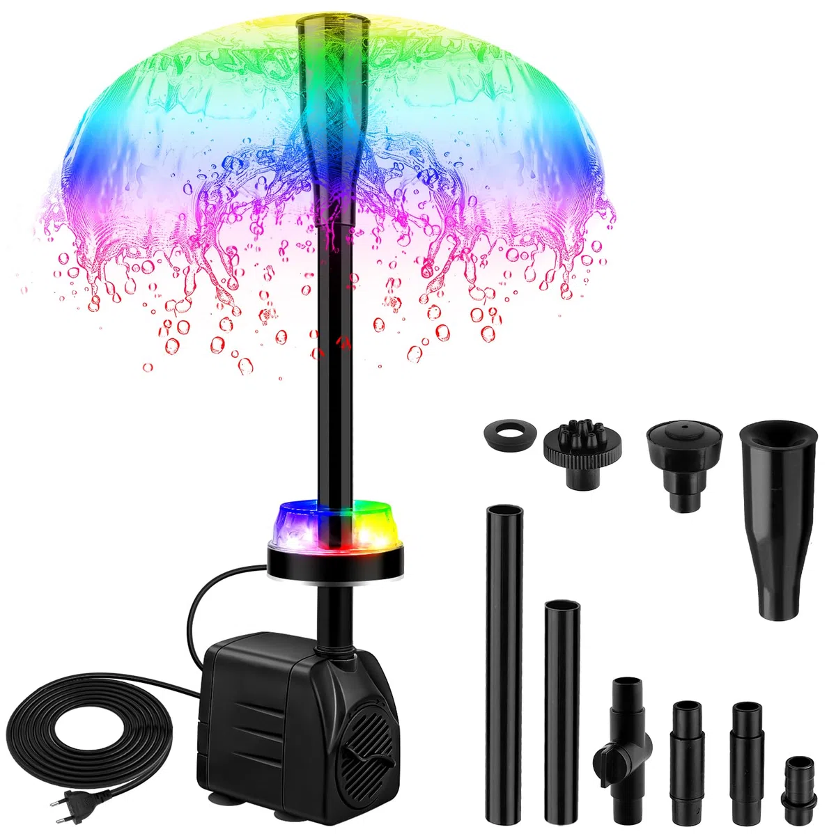 NATPOW Pompa Acquario Sommergibile con RGB LEDs, 800L/H 180-240V 15W Pompa Laghetto Ultra Silenzioso, Laghetto Pompa Acqua con 3 Ugelli per Giardino, Laghetto, Cascata