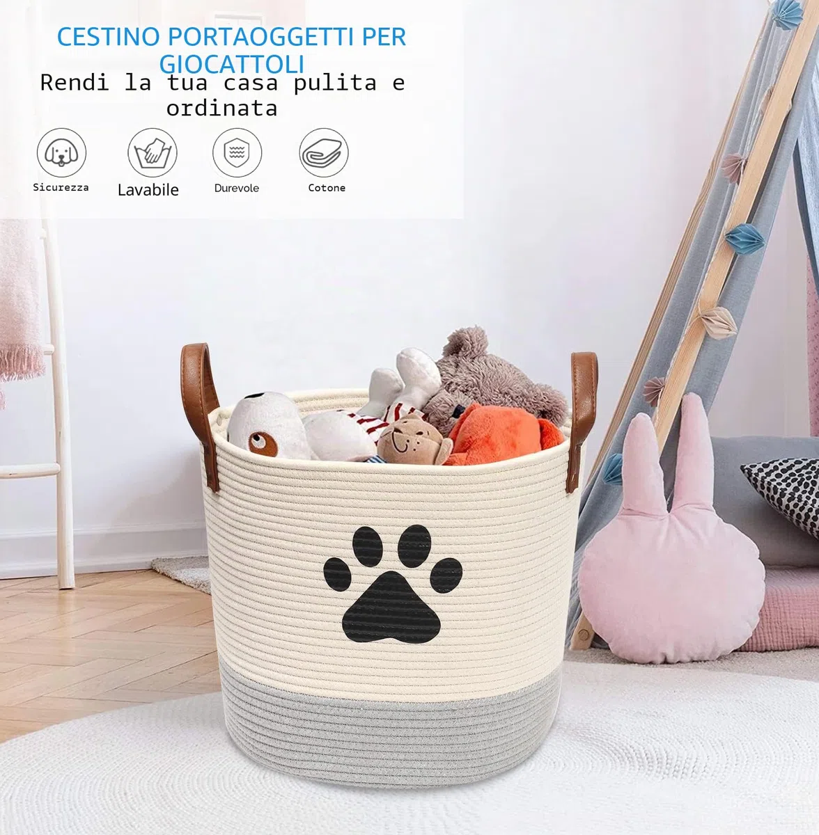 MOREZI Cestino per giochi,cesto per la biancheria,cesto porta giochi per animali domestici.Utilizzato per riporre giocattoli per cani,vestiti,cibo e altre forniture-Beige/Grigio.
