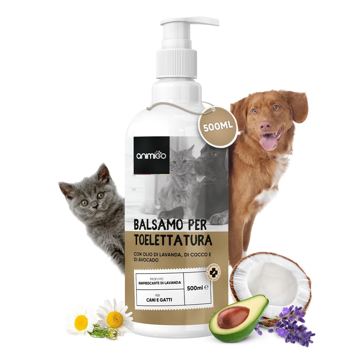 Balsamo per Cani e Gatti 500ml, Oli Minerali, Olio di Cocco, Avocado, Sciogli Nodi Pelo Cane e Gatto Lungo, Corto, Balsamo Cani per Toelettatura, Fragranza di Lavanda, PH Neutro, Vegano, con Dosatore