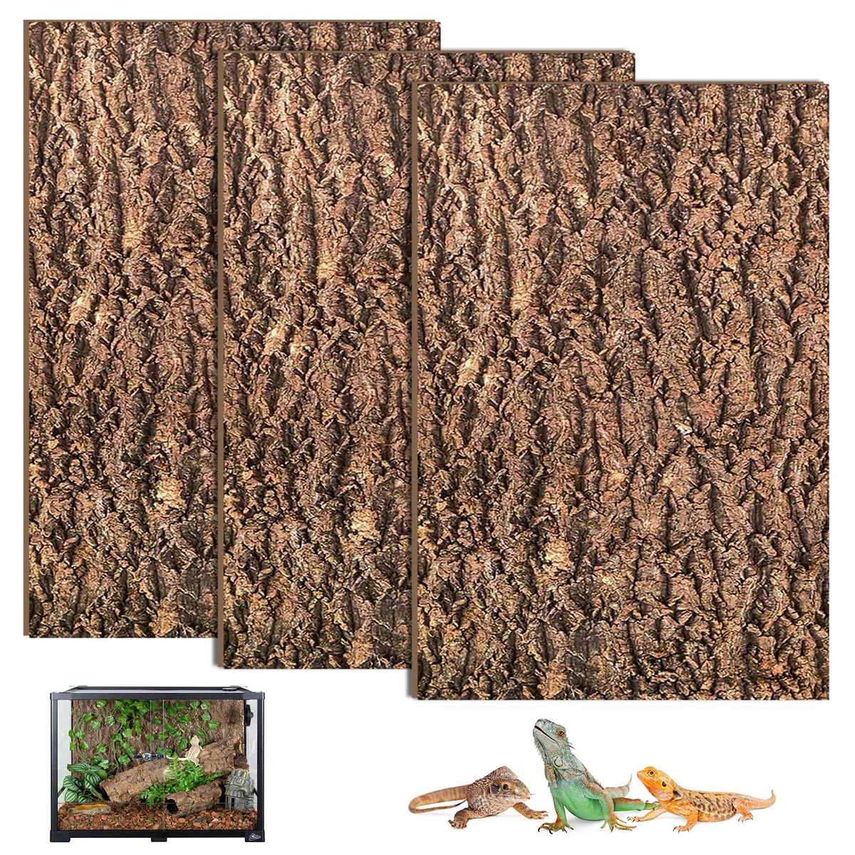 SUNOYA 3 pezzi terrario parete posteriore, corteccia di sughero, 20 × 30 cm, effetto naturale corteccia d'albero, resistente all'acqua, in sughero, superficie di arrampicata per rettili, barba