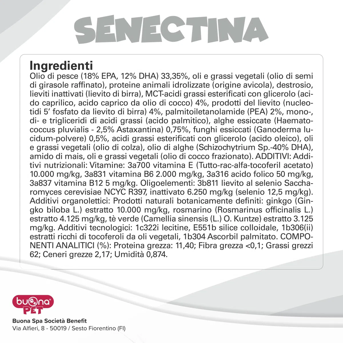 Senectina Buona Pet Integratore Cane Anziano e Integratore Gatto anziano Flacone 90g con Olio di Pesce fonte di Omega 3 Per Cani e Gatti, Mangime Complementare Pasta Fluida con Siringa Dosatrice