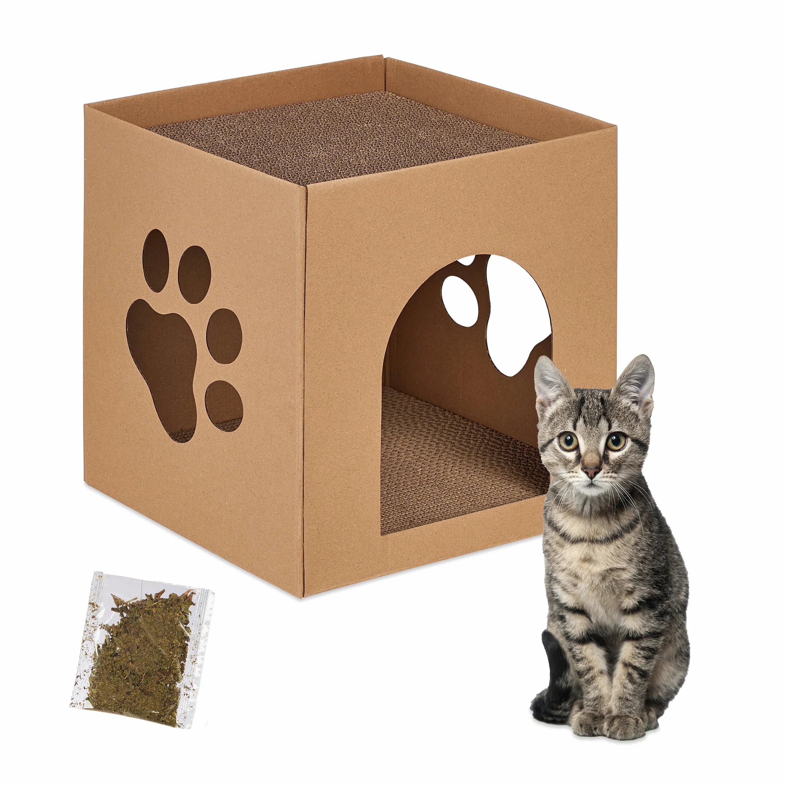 Relaxdays Casetta per Gatti, Cuccia di Cartone, Scatola Gioco Animali Domestici, Tiragraffi HLP 30x30x30,5 cm, Marrone