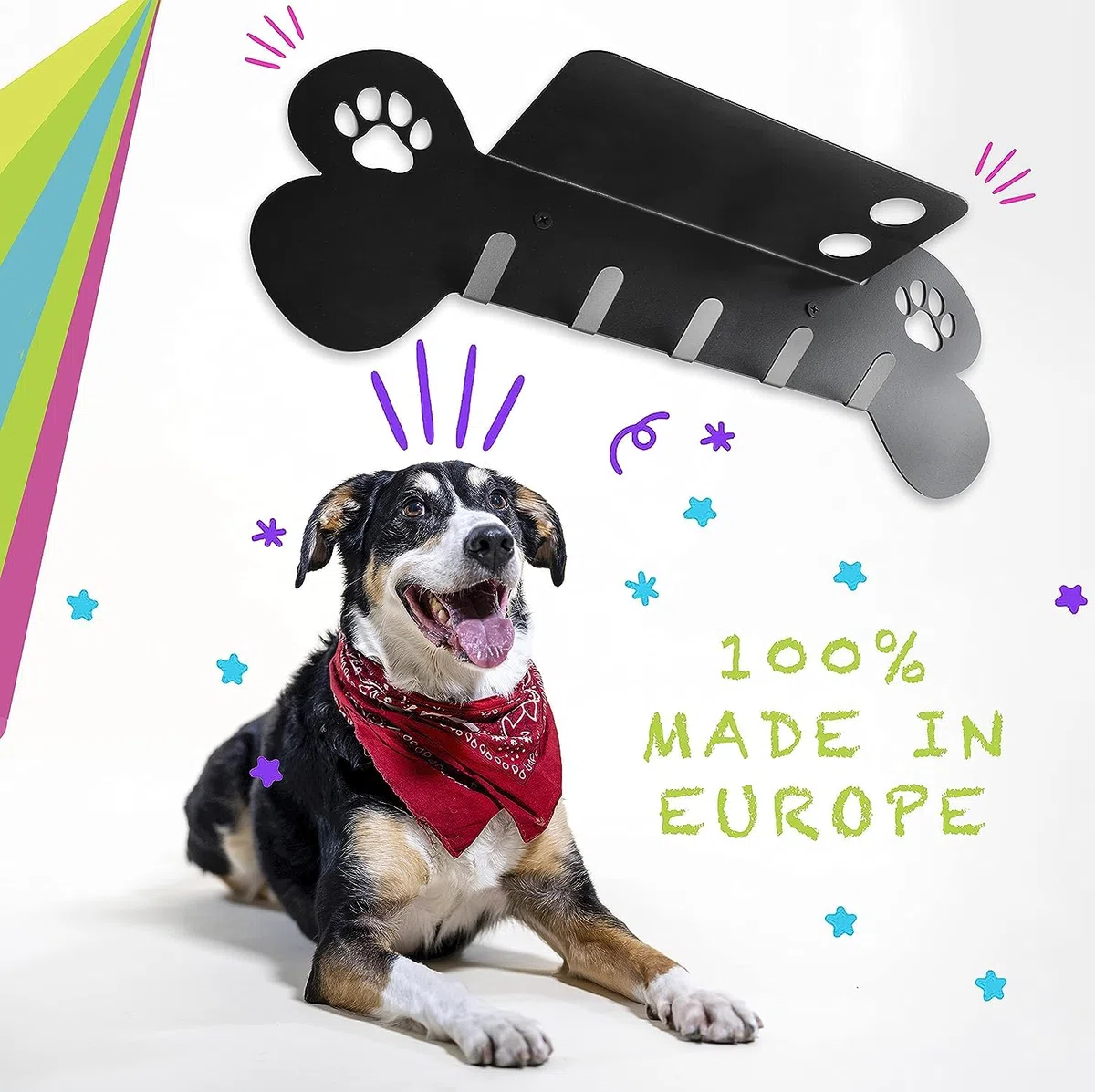 Appendiabiti da parete per cani con mensola e spazio per accessori per passeggiate e igiene, 100% acciaio al carbonio