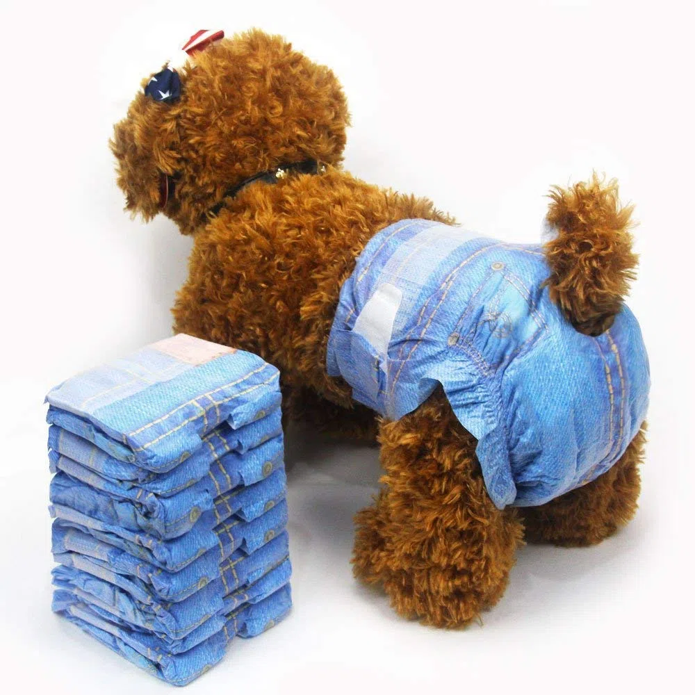 Pannolini per cani femmina, morbidi, super assorbenti, monouso, fantasia jeans, stile cowboy, pannolini per cuccioli, 24 pezzi