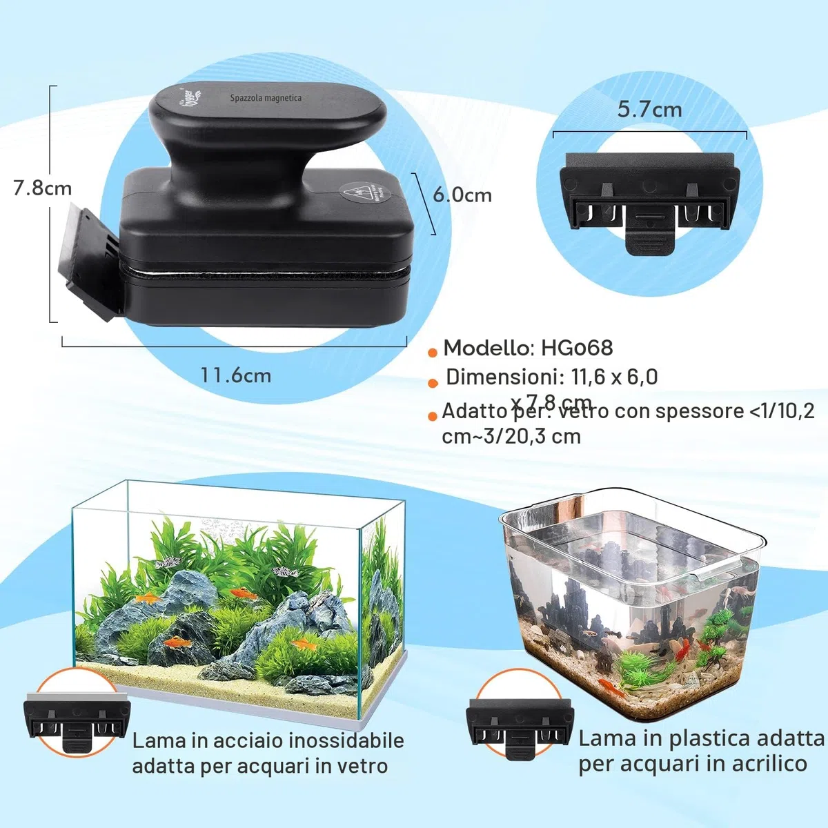 hygger Spazzola Acquario Pulizia Vetro, Spazzola Pulisci Vetro Acquario, Spazzola Acquario Magnetica per Alghe Strumento di Pulizia con Raschietto Rimovibile per Piscine In Vetro