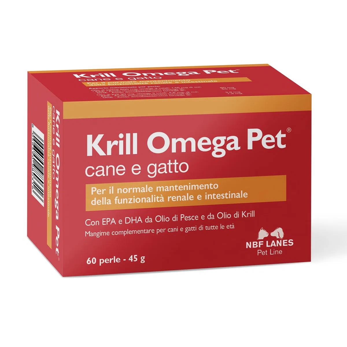 NBF Lanes | Krill Omega Pet Cane e Gatto, 60 Perle Appetibili, per il Normale Mantenimento della Funzionalità Renale e Intestinale