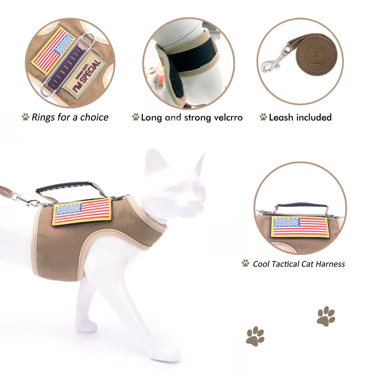 Pettorina tattica per gatti e guinzaglio per camminare, a prova di fuga, regolabile, imbottita, elegante, kaki, L