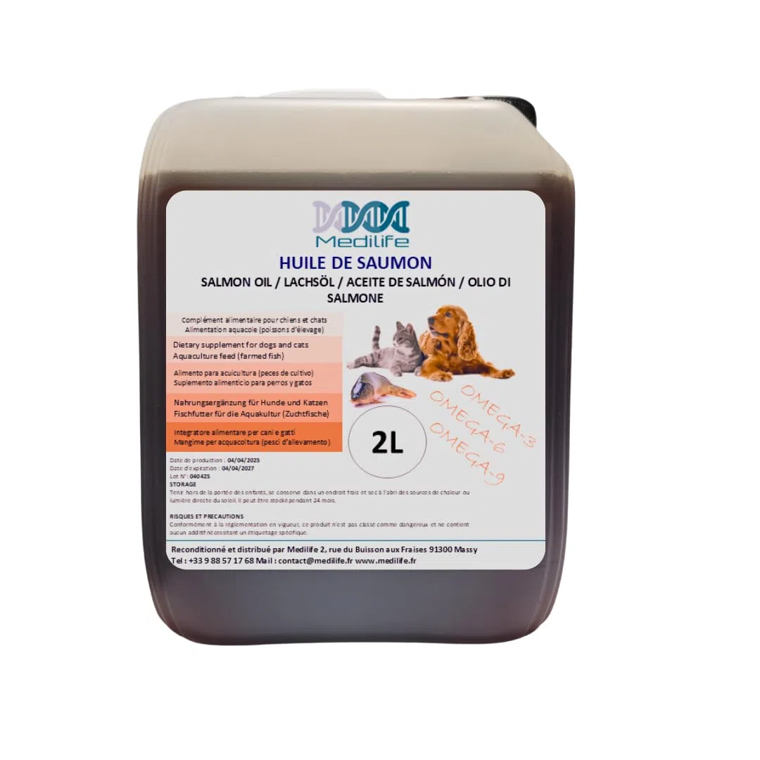 2L Olio di salmone naturale al 100% per cani, gatti e cavalli, ricco di Omega 3-6-9 e vitamine