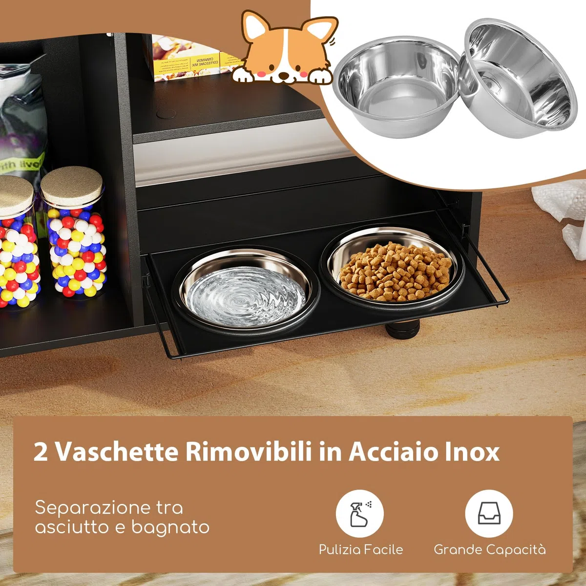 GYMAX Stazione di Alimentazione per Cani, Armadietto per Cibo per Cani, 2 Ciotole Rialzate in Acciaio Inox, 2 Ripiani Aperti, Mobile per Alimenti per Animali Elevato, 82 x 35 x 60 cm