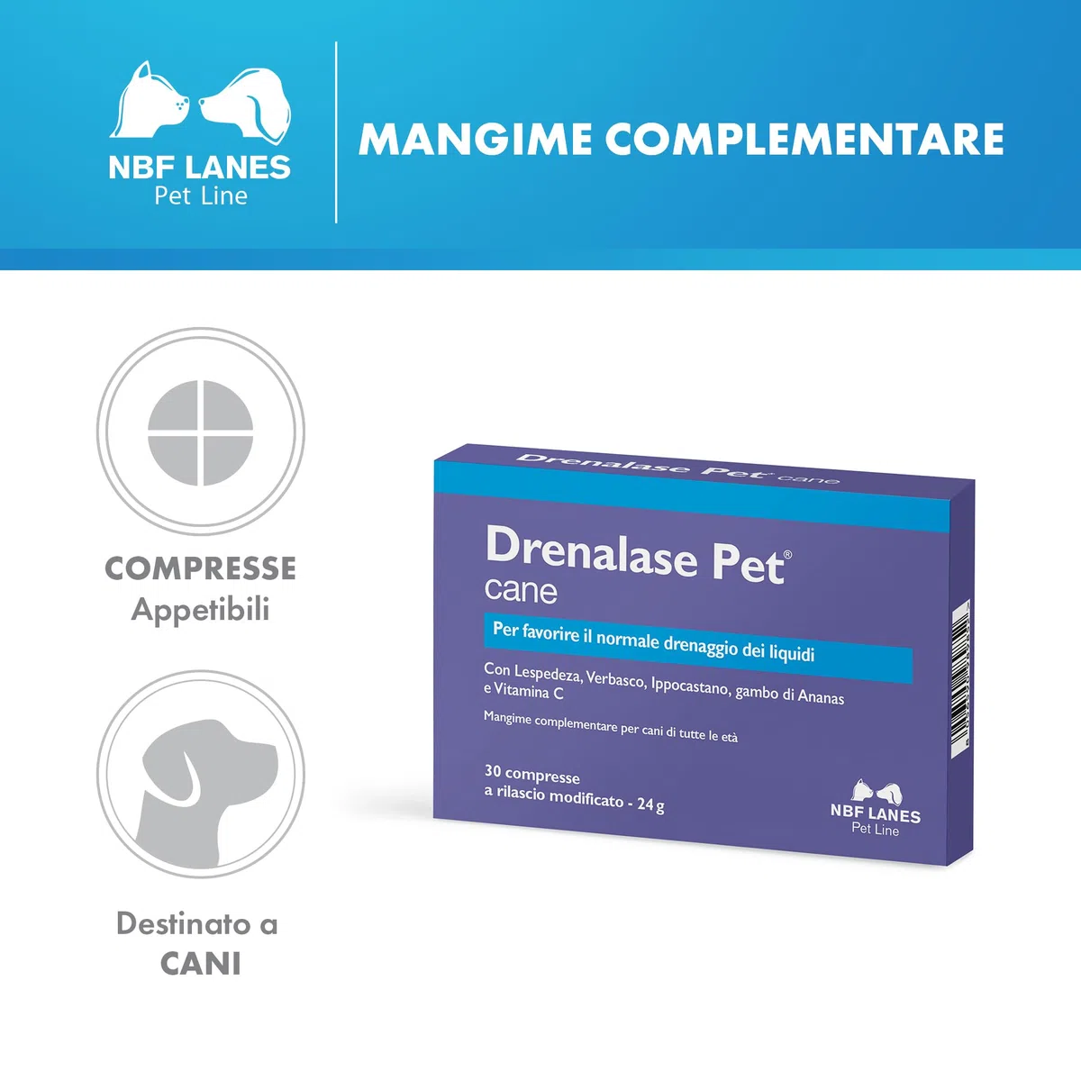 NBF Lanes | Drenalase Pet Cane, 30 Compresse Appetibili Non Divisibili a Rilascio Modificato, per Favorire il Normale Drenaggio dei Liquidi