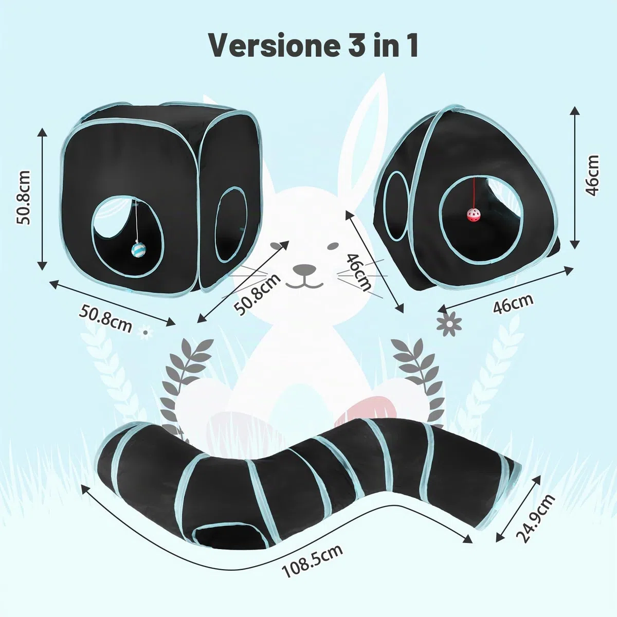 Tunnel per Gatti Casetta Portatile 3 in 1 Gioco Gatto,Tubo Interattivo Pieghevole per Gatti e Cubi per Divertimento,Esercizio e Gioco(Blu Nero)
