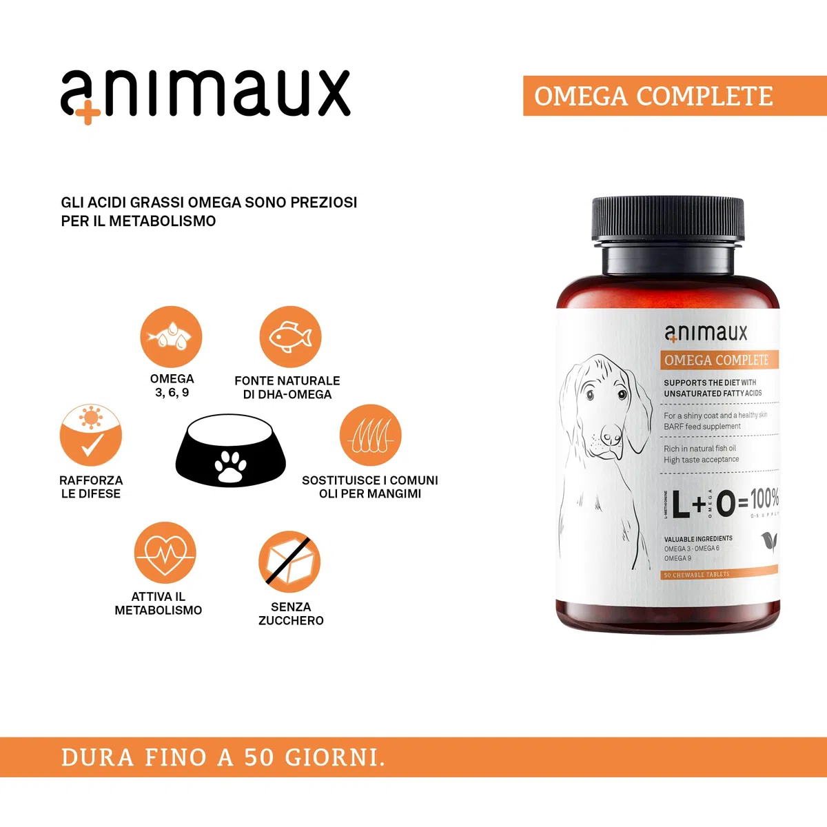 Omega 3, 6 & 9 per Cani - 50 compresse da masticare - Olio di Pesce Naturale con acidi Grassi per Metabolismo, Formazione di ossa, Pelle e Pelatura - animali Omega Complete Dogs