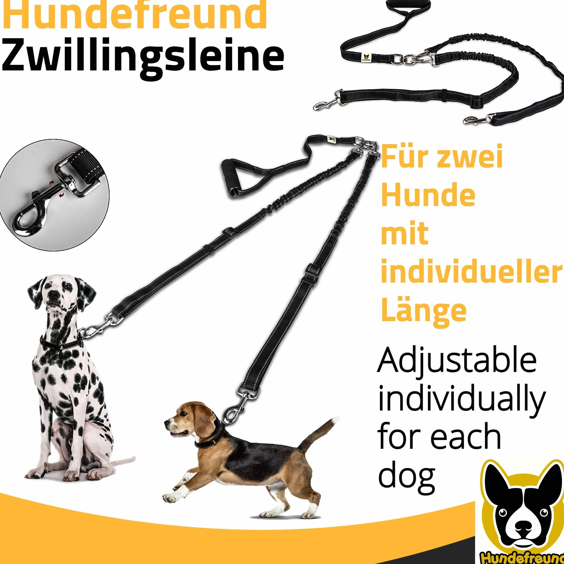 Guinzaglio doppio | Guinzaglio per 2 cani | Guinzaglio estensibile e riflettente da 165 cm a 220 cm con una impugnatura morbida per due cani a partire da 20 kg