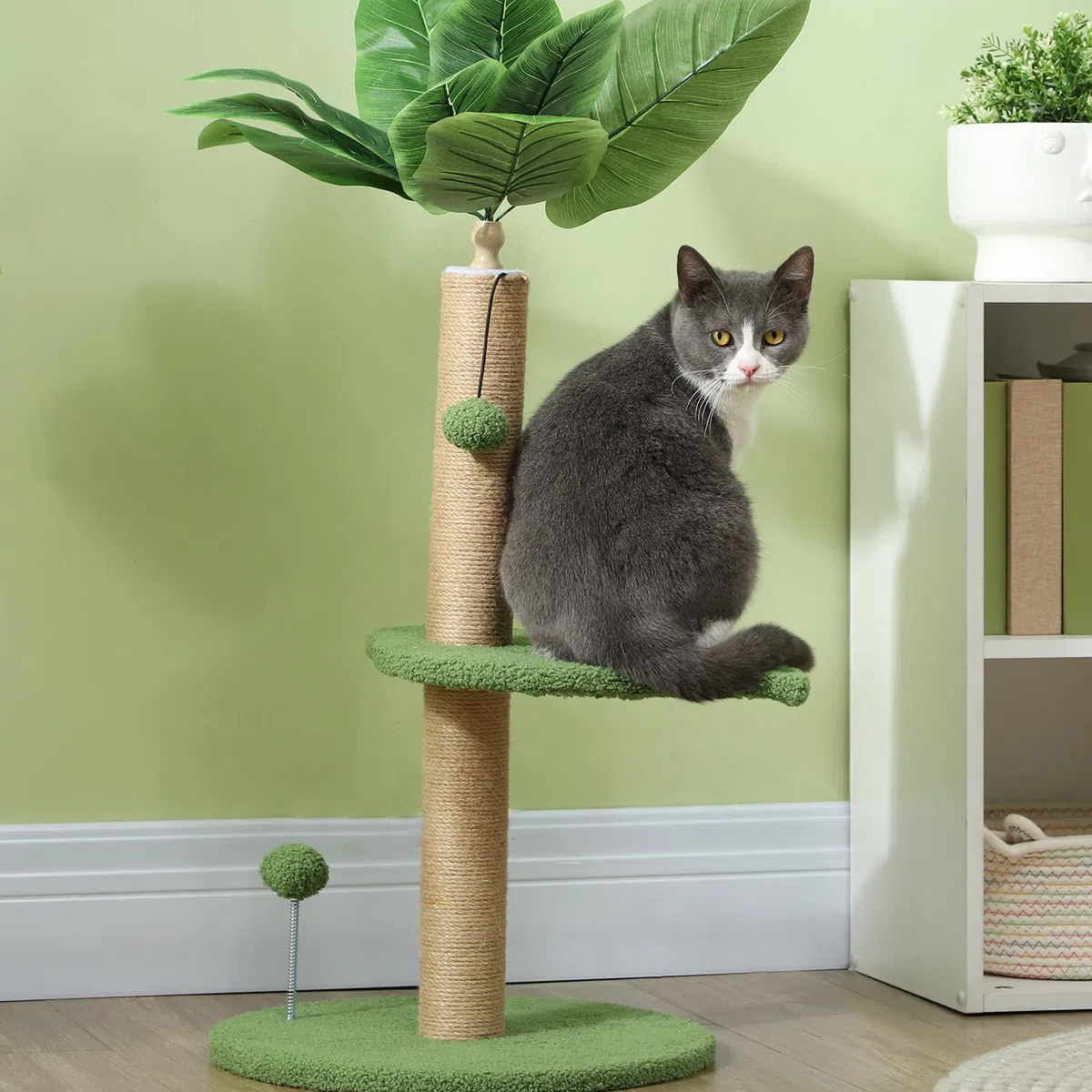 PawHut Albero per Gatti con Palo Tiragraffi, Piattaforme e Palline Giocattolo, Torre per Gatti in Peluche e Truciolato, Ø40x83 cm, Verde
