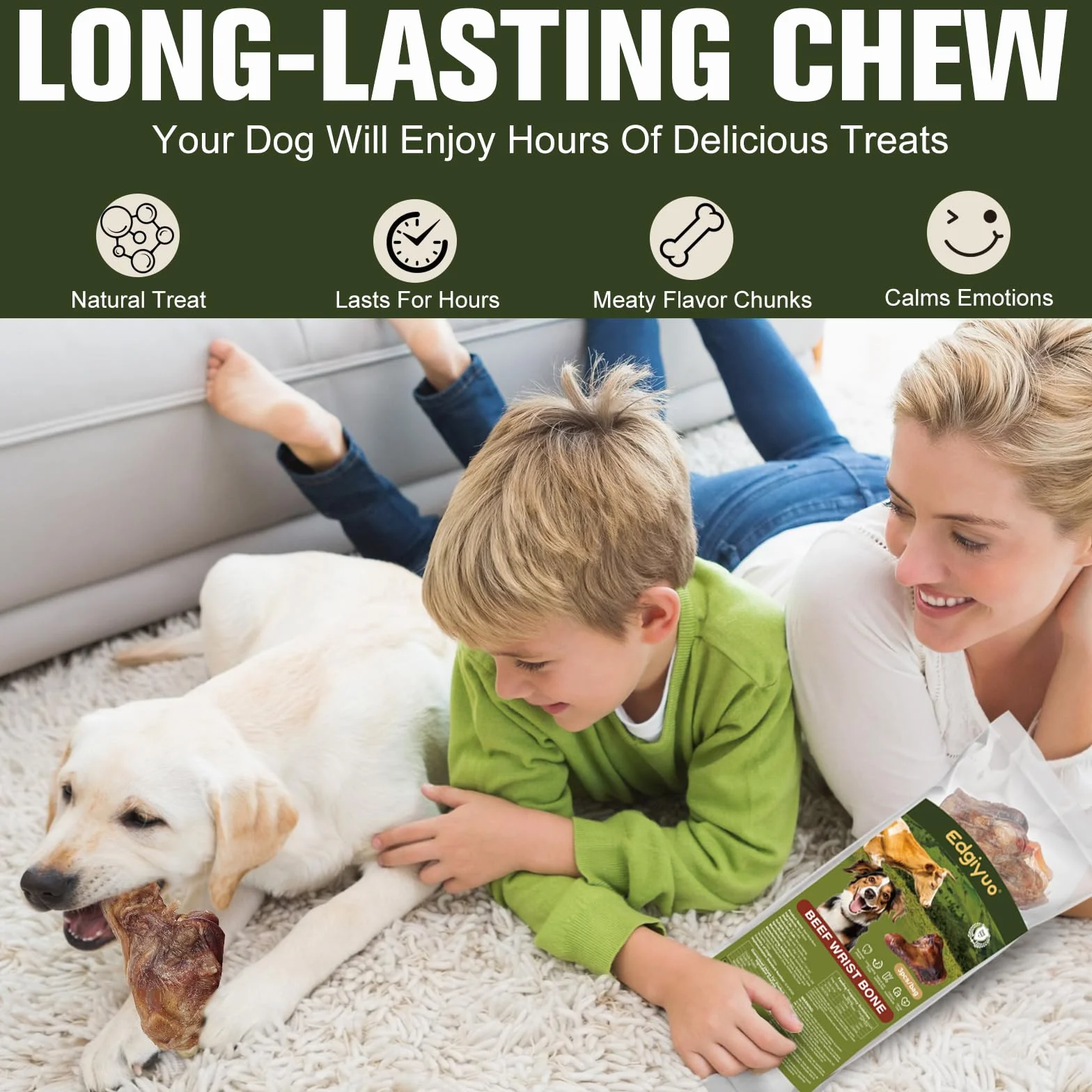 3 pezzi di ossa di polso di manzo nutrito con erba per cani adulti - Snack naturale monocomponente, snack di lunga durata per cani che masticano con forza, razze piccole e grandi (L2)