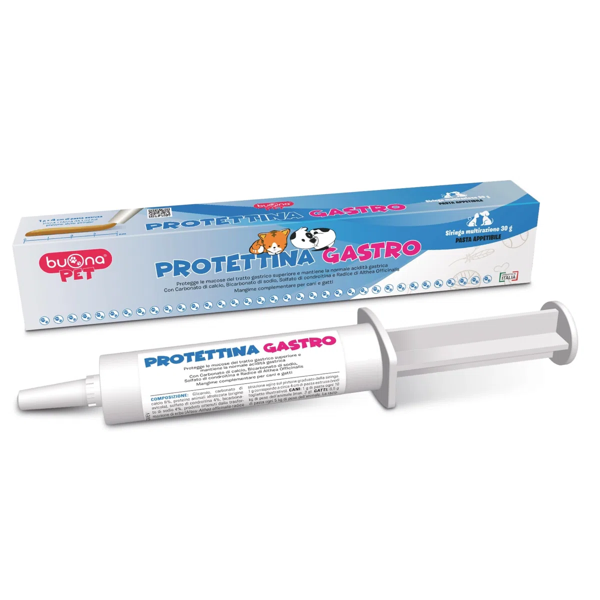 Buona Pet Protettina Gastro siringa da 30g, Mangime Complementare per Cane e Gatto, Supporto per la Funzione Gastrointestinale Superiore, Pasta Appetibile in Siringa Multirazione