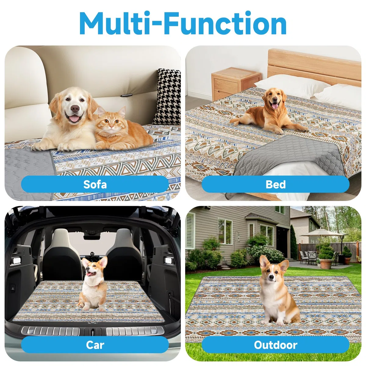 Coperta per cani impermeabile al 100% su due lati, coperta per animali da letto per cani bohémien, protezione per mobili del divano per i bambini, gatto, cucciolo, lavabile e reversibile