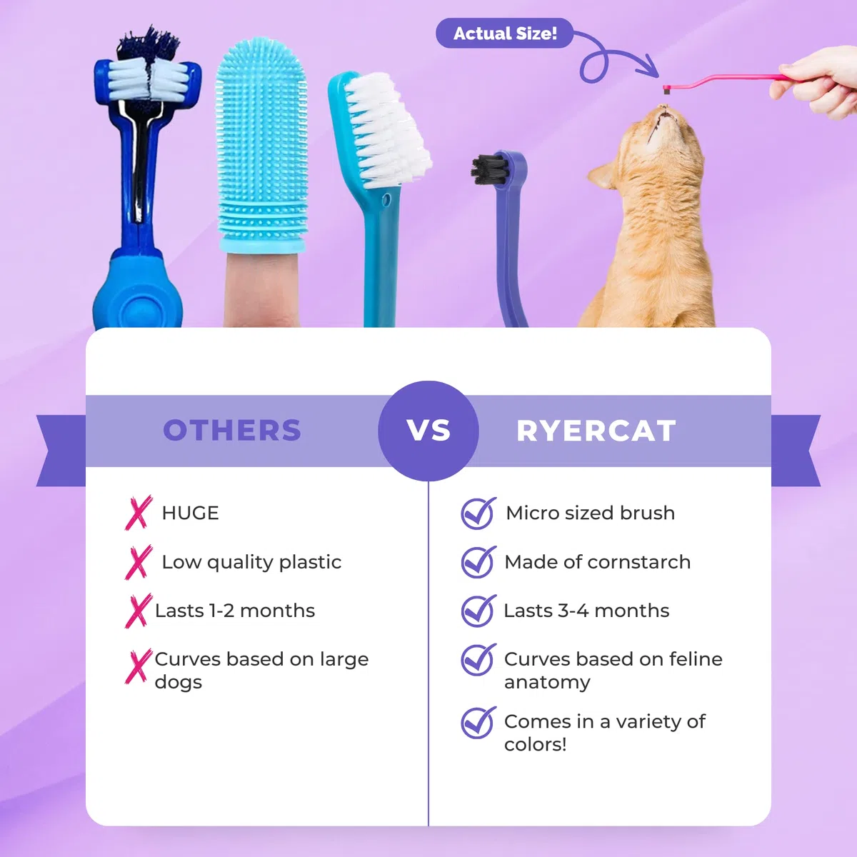 RYERCAT Spazzolino da denti per gatti a due lati, spazzolino da denti con micro testa per una vestibilità personalizzata, forniture per la cura dentale del gatto, spazzolino per animali domestici per
